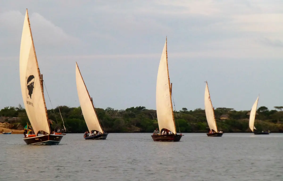 Eine Reihe von Dhaus im Kanal von Lamu